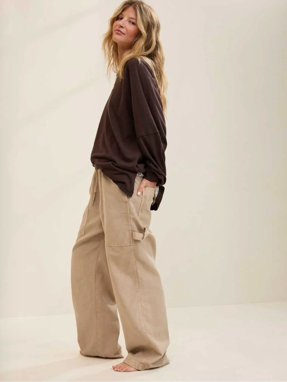 Aerie Workwear Baggy High Waist Drawcord Waist Pants SZ Medium Beige - Picture 9 of 9